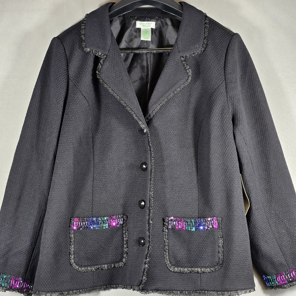 Laura Ashley Women's Blazer 2X Black Jewel‎ Simplicity Sequin Trim Jacket NWT